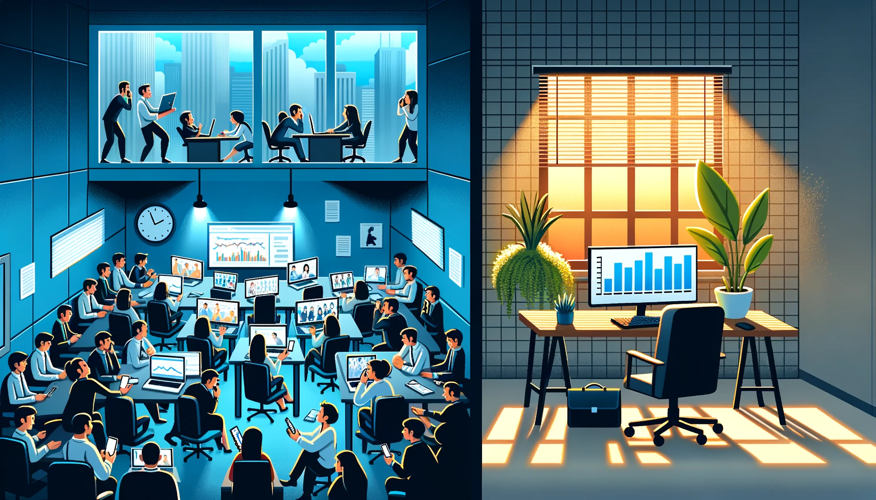 Vector of a Contrast Between Work Environments: On the left, a chaotic office scene with employees crammed together, phones ringing non-stop, and several screens displaying video conference calls with multiple participants. On the right, a serene home office setup bathed in soft light, with a desk, a comfortable chair, a laptop, and a potted plant. A clear dividing line between the two environments emphasizes the stark contrast.