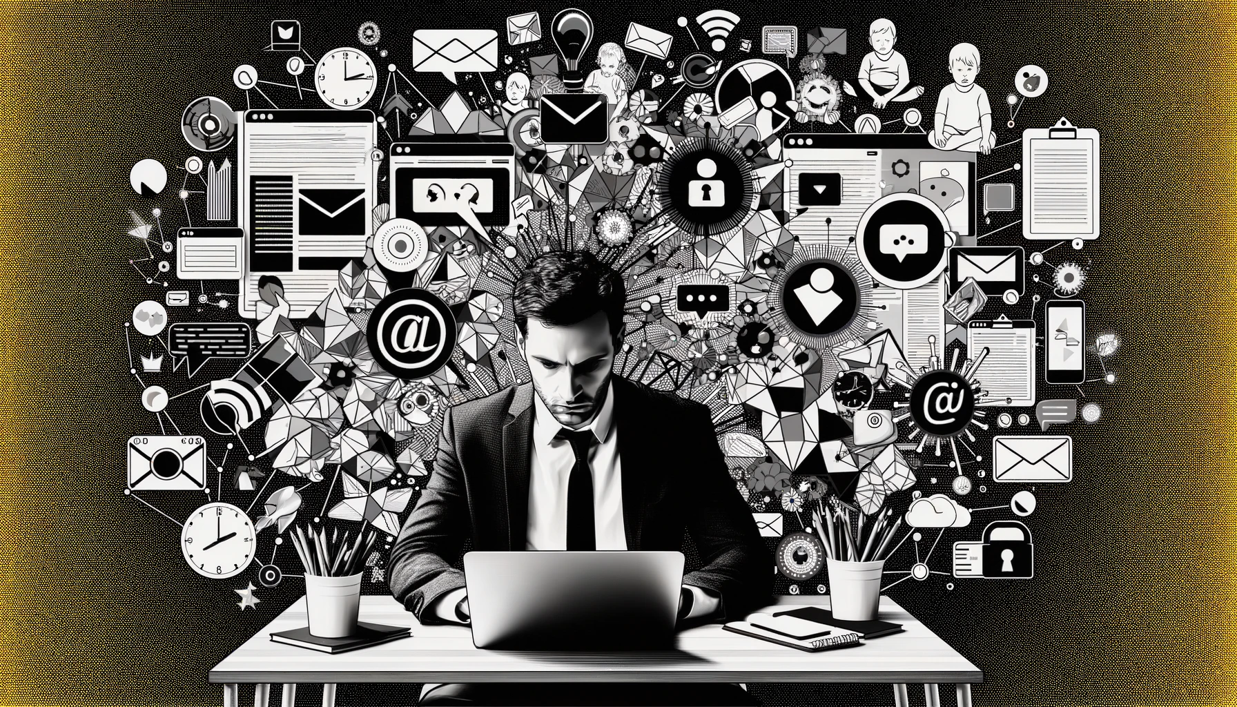 Focus: a monochrome photograph of a person sitting at a desk trying to focus in the face of numerous distractions