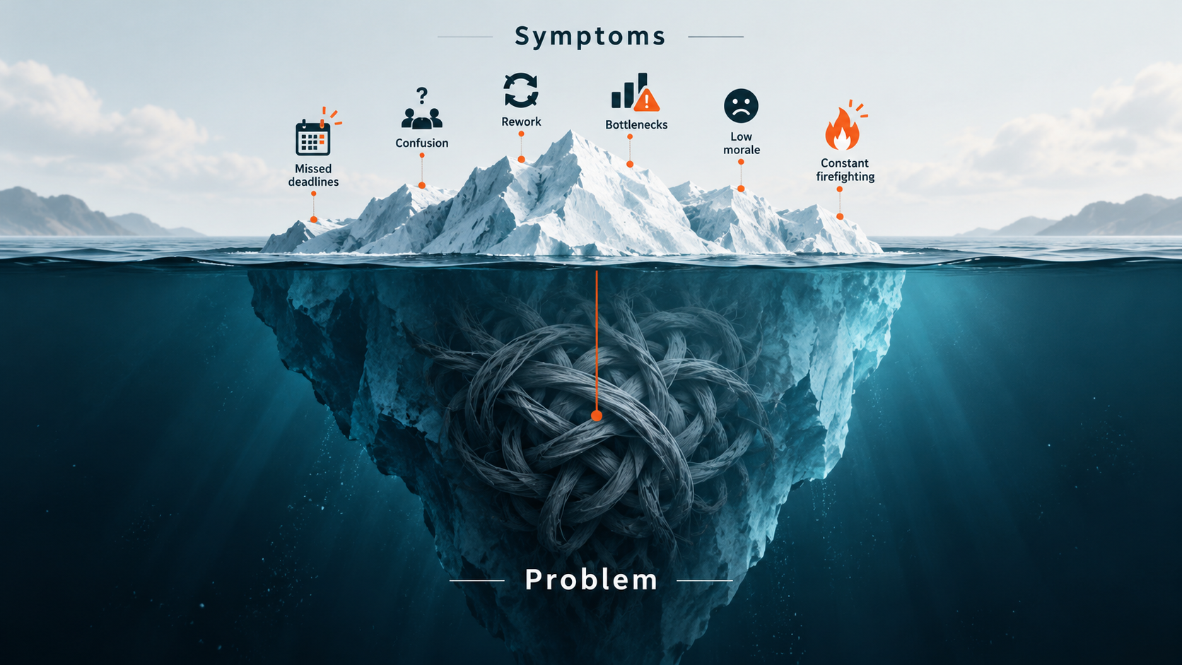 Are you solving a problem? Conceptual image of above-the-surface symptoms and a below-the-surface problem.